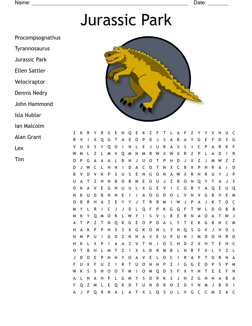Jurassic Park Word Search WordMint