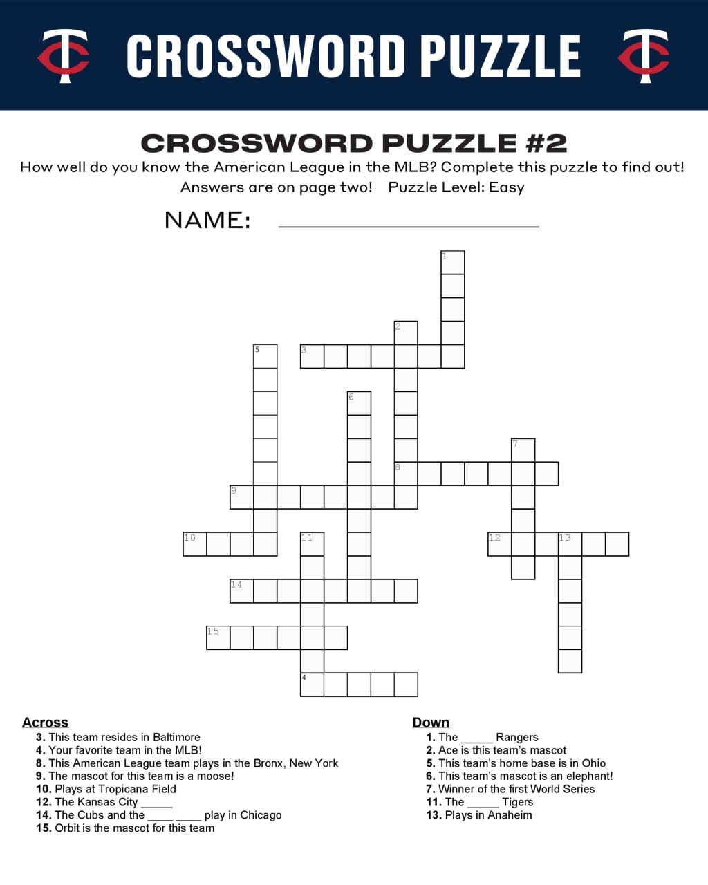 Baseball Crossword Puzzle Printable Baseball Crossword Puzzle Printable