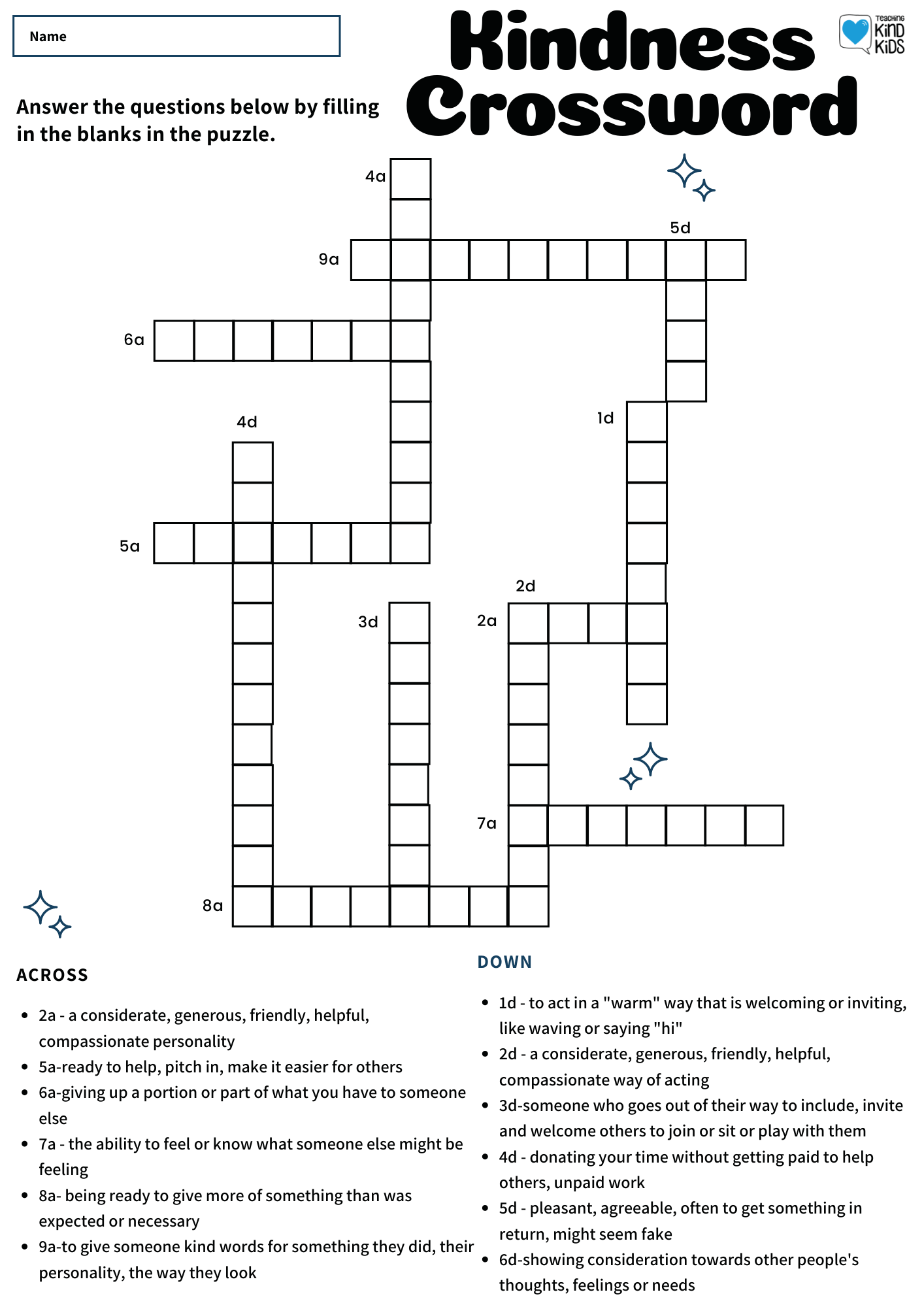 Kindness Crossword Puzzle To Help Teach SEL Vocabulary