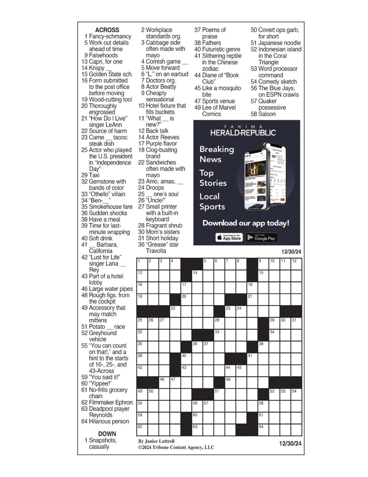 LA Times Crossword Dec 30 2024 Crosswords Yakimaherald LA Times Crossword Dec 30 2024 Crosswords Yakimaherald