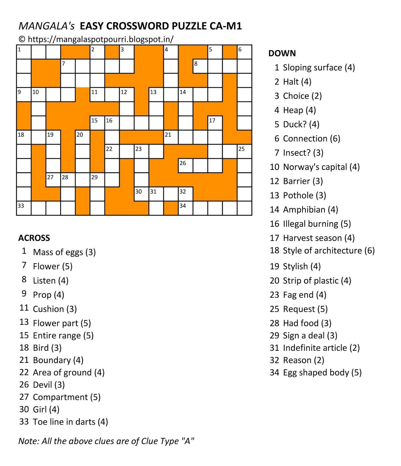 Mangala s Potpourri Mangala s Easy Crossword Puzzle CA M1 Easy Mangala s Potpourri Mangala s Easy Crossword Puzzle CA M1 Easy