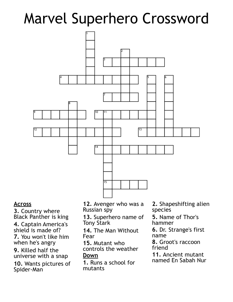 Marvel Superhero Crossword WordMint Marvel Superhero Crossword WordMint