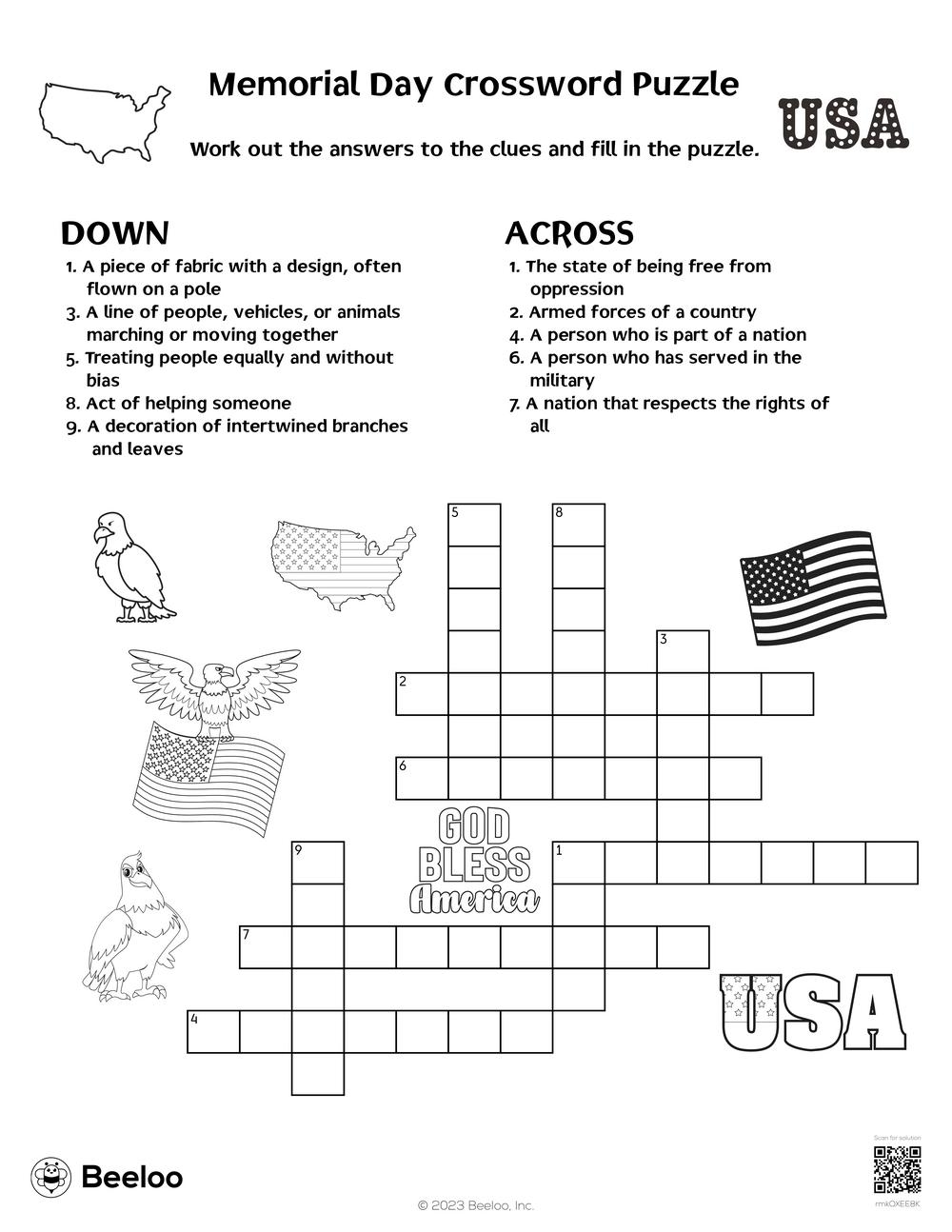 Memorial Day Crossword Puzzle Beeloo Printable Crafts And Activities For Kids