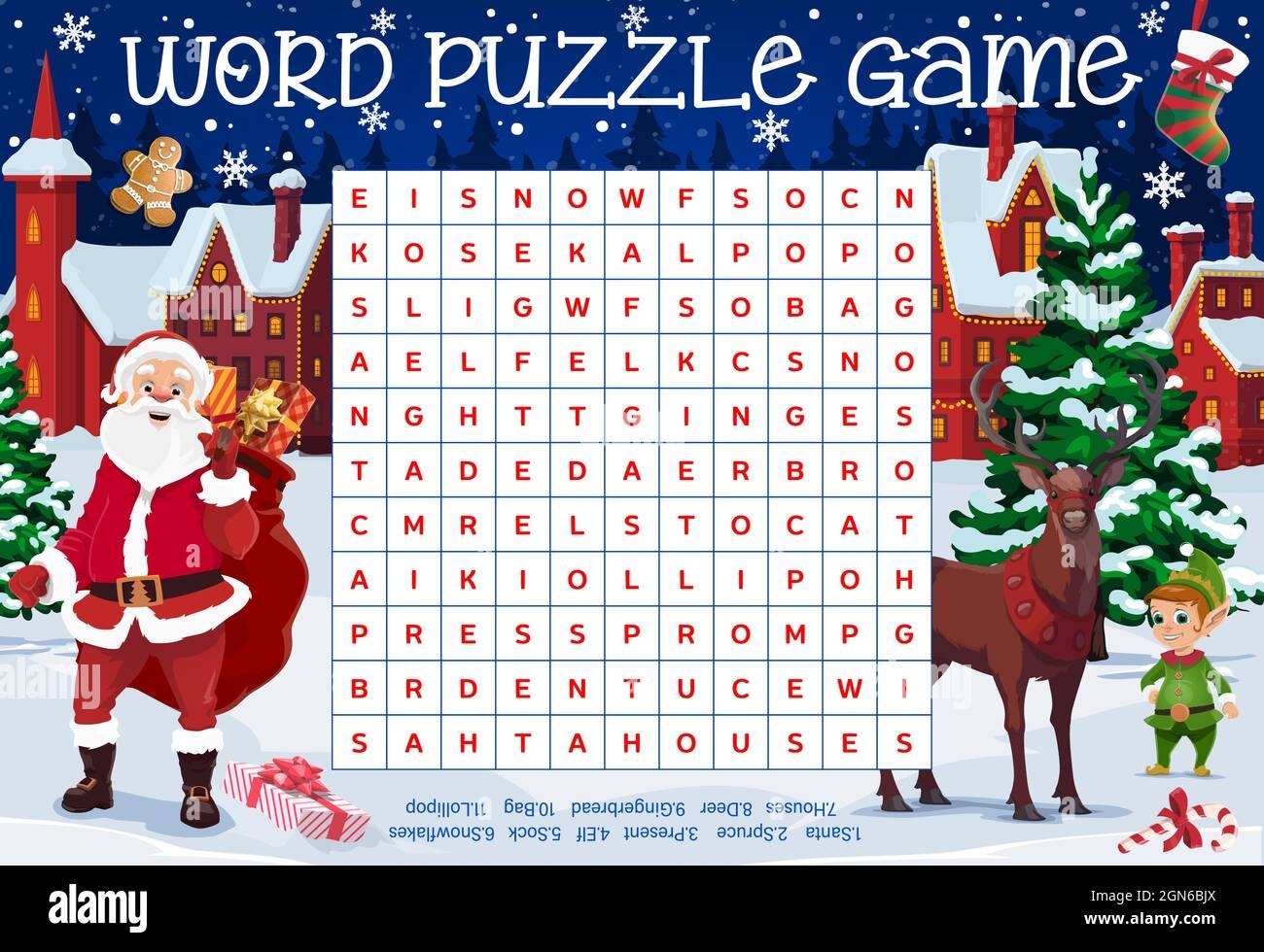 Merry Christmas Word Puzzle Worksheet With Santa And Reindeer Elf And Gingerbread Man Little Town Buildings Kids Quiz Or Riddle Game Educational Game Crossword With Christmas Cartoon Characters Stock Vector Image  Merry Christmas Word Puzzle Worksheet With Santa And Reindeer Elf And Gingerbread Man Little Town Buildings Kids Quiz Or Riddle Game Educational Game Crossword With Christmas Cartoon Characters Stock Vector Image