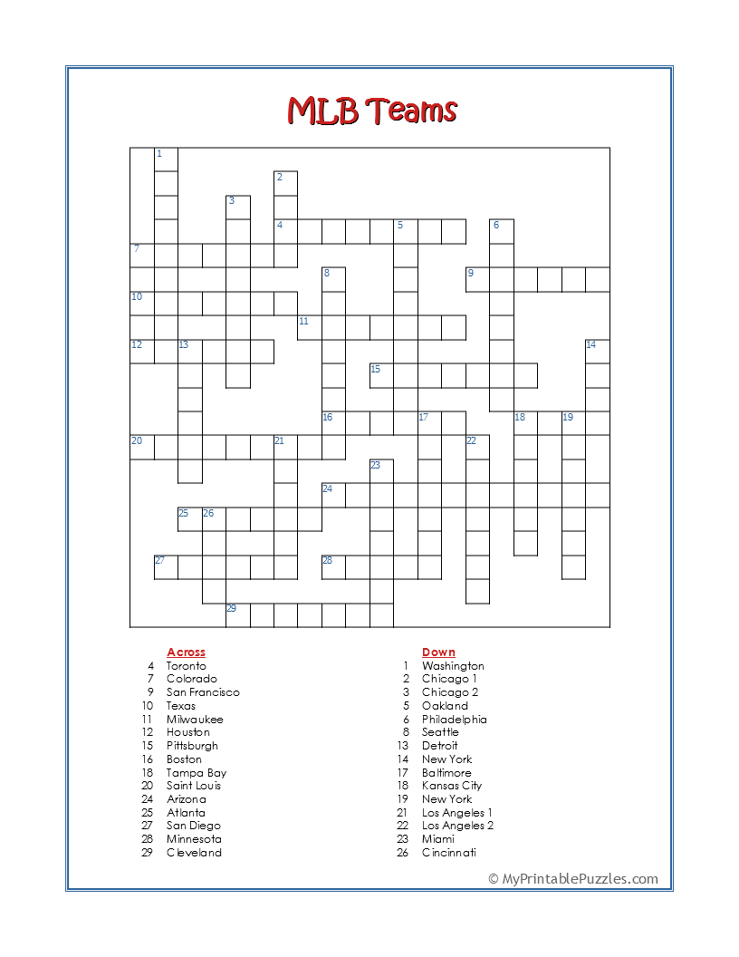 MLB Teams Crossword Puzzle My Printable Puzzles MLB Teams Crossword Puzzle My Printable Puzzles