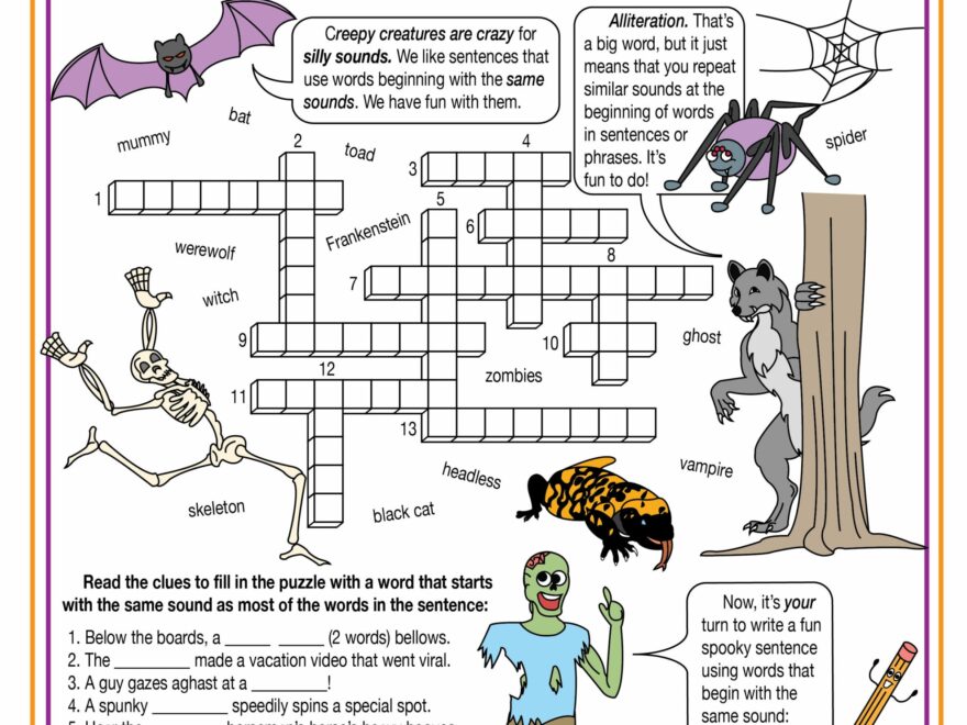 Monsters And Creepy Creatures Anytime Fun Alliteration Printable Crossword Made By Teachers