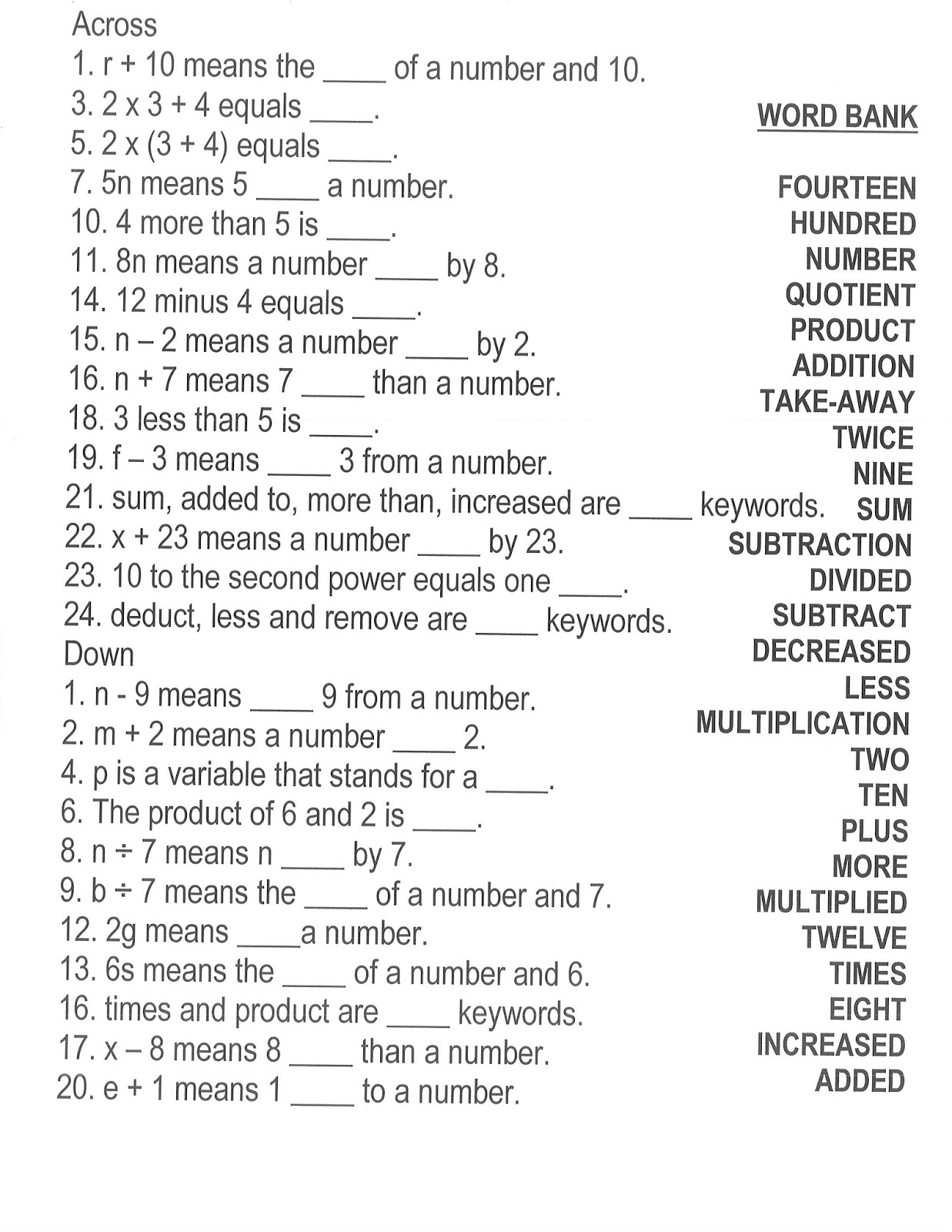 Mrs White s 6th Grade Math Blog TRANSLATING ALGEBRAIC EXPRESSIONS CROSSWORD PUZZLE Mrs White s 6th Grade Math Blog TRANSLATING ALGEBRAIC EXPRESSIONS CROSSWORD PUZZLE