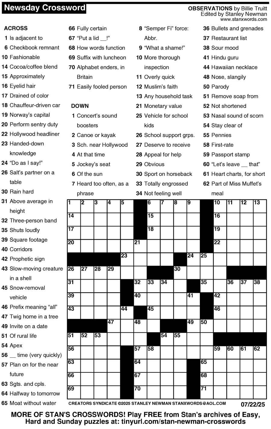Newsday Crossword Puzzle For Jul 22 2025 By Stanley Newman Creators Syndicate Newsday Crossword Puzzle For Jul 22 2025 By Stanley Newman Creators Syndicate