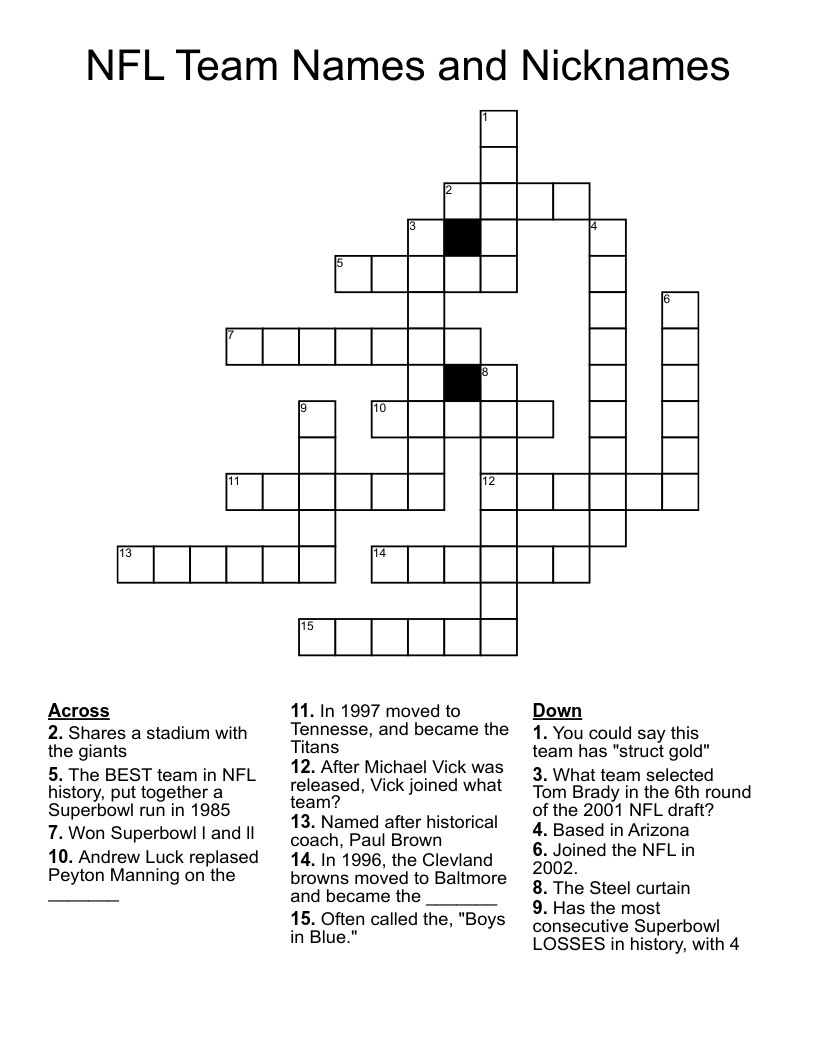 NFL Team Names And Nicknames Crossword WordMint NFL Team Names And Nicknames Crossword WordMint