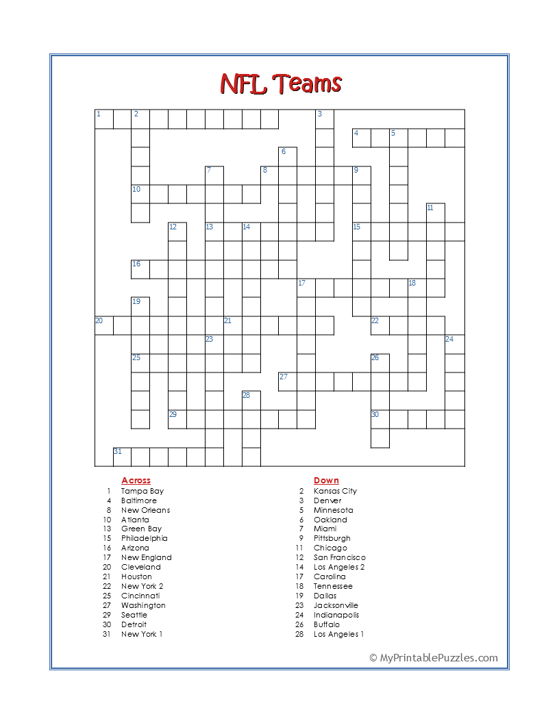 NFL Teams Crossword Puzzle My Printable Puzzles