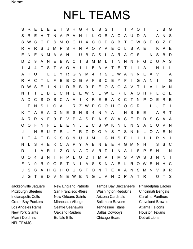 NFL TEAMS Word Search WordMint NFL TEAMS Word Search WordMint