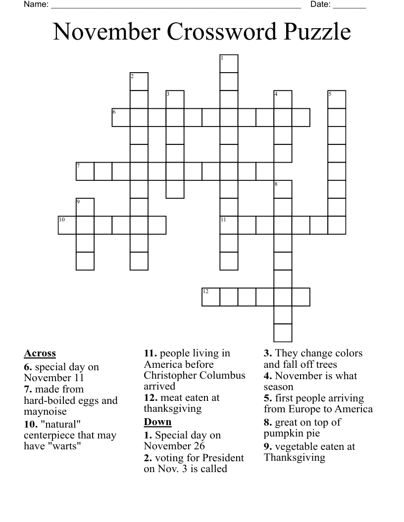 November Crossword Puzzle WordMint November Crossword Puzzle WordMint
