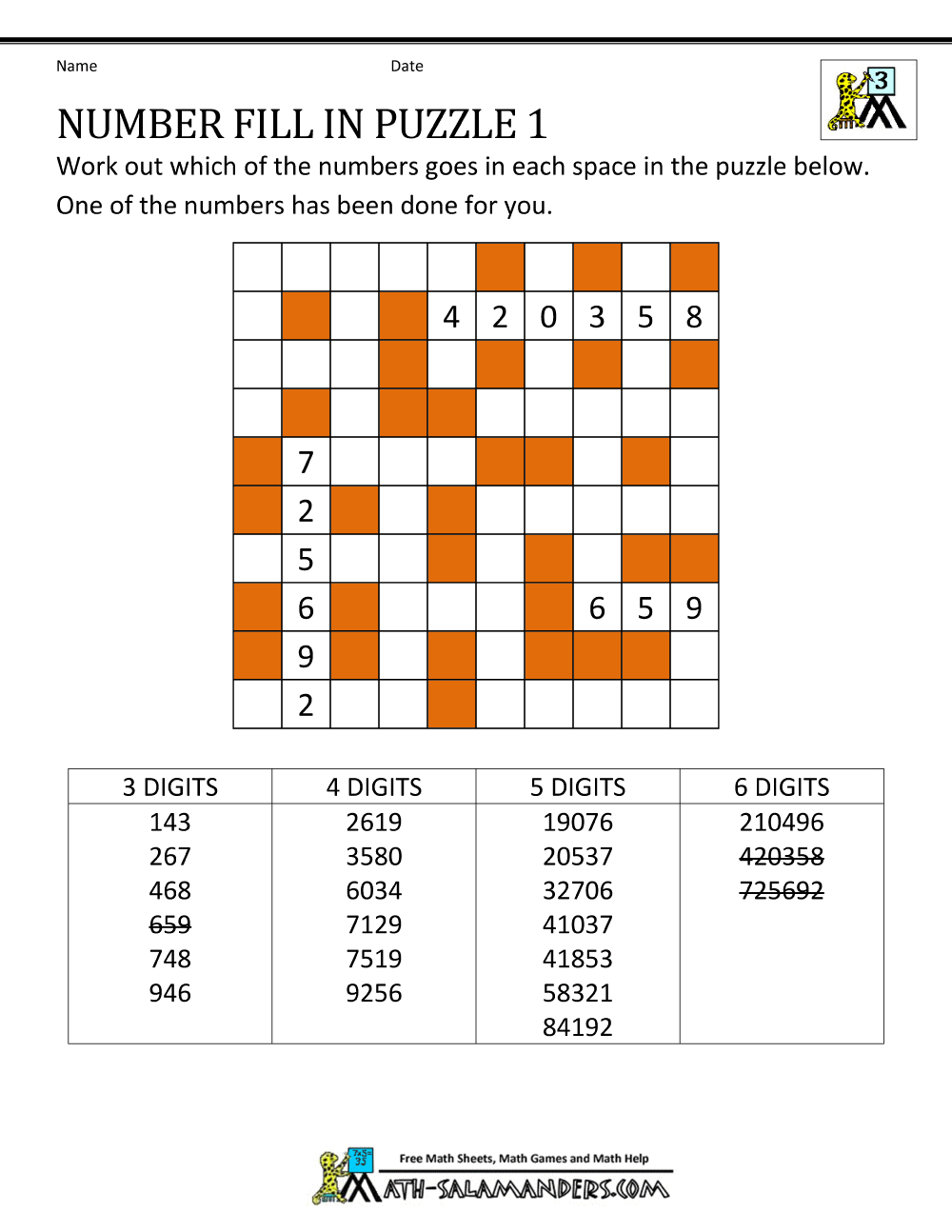 Number Fill In Puzzles Number Fill In Puzzles