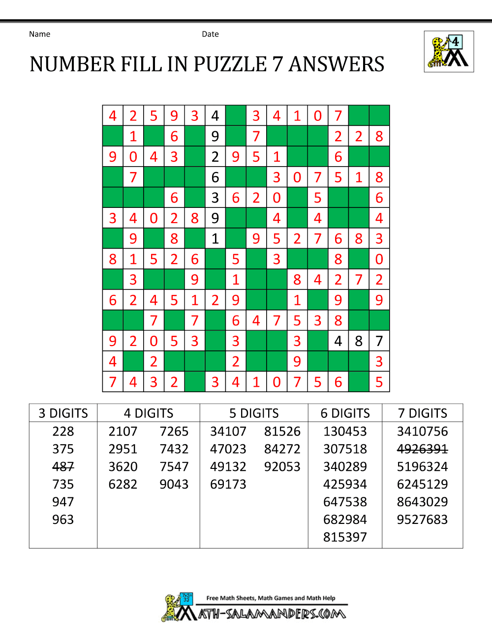 Number Fill In Puzzles Number Fill In Puzzles