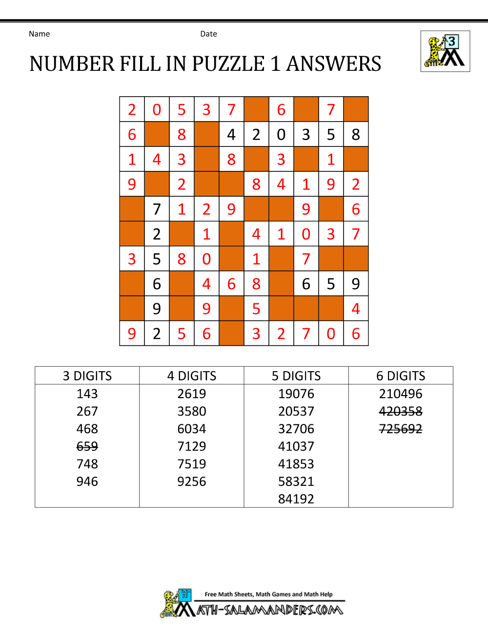 Number Fill In Puzzles Number Fill In Puzzles