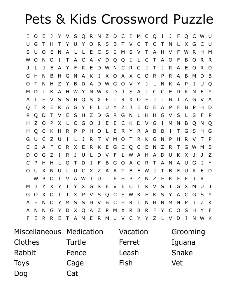 Pets Kids Crossword Puzzle Word Search WordMint Worksheets Library
