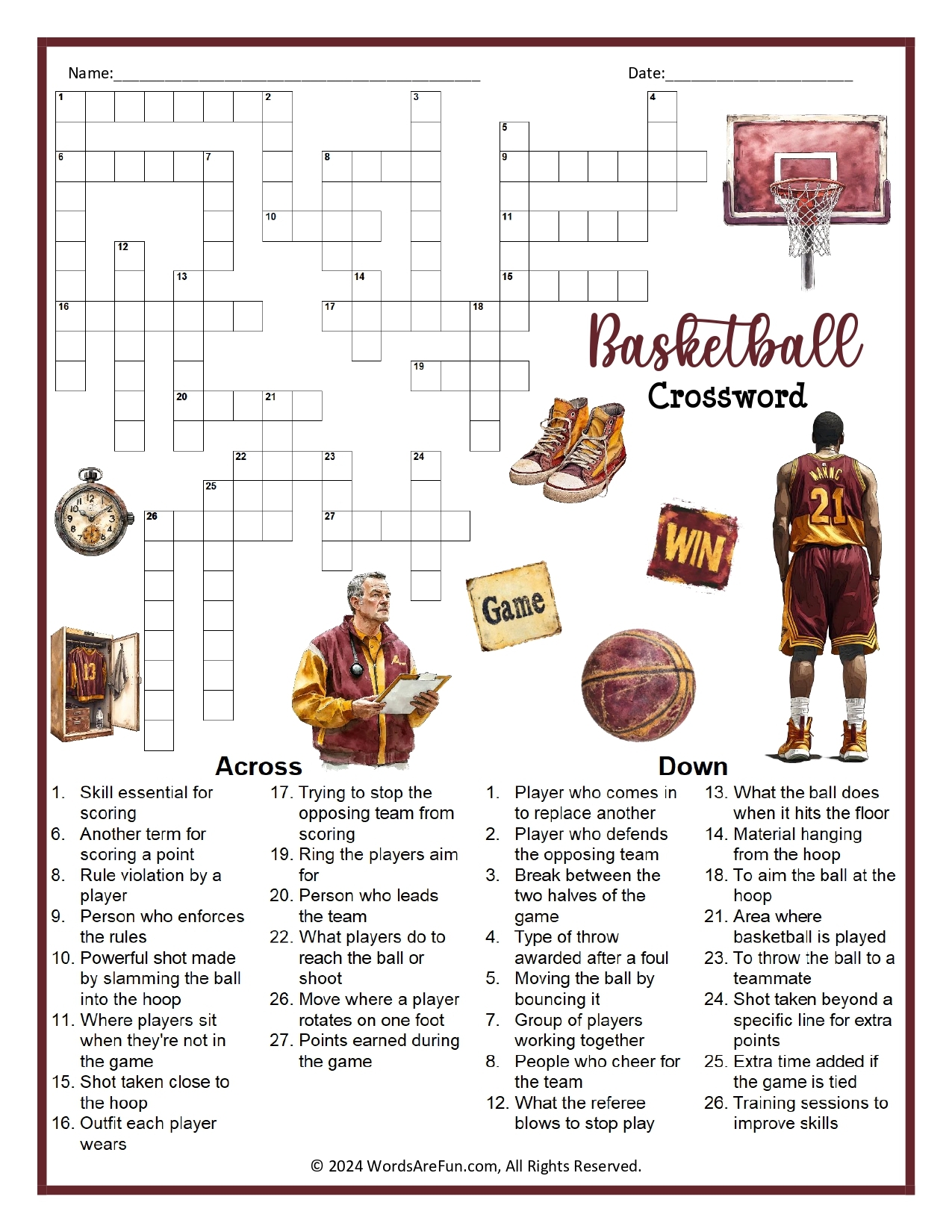 Basketball Themed Printable Crossword Puzzles Basketball Themed Printable Crossword Puzzles