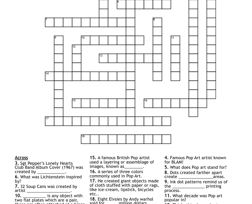 Pop Art Middle School Crossword WordMint