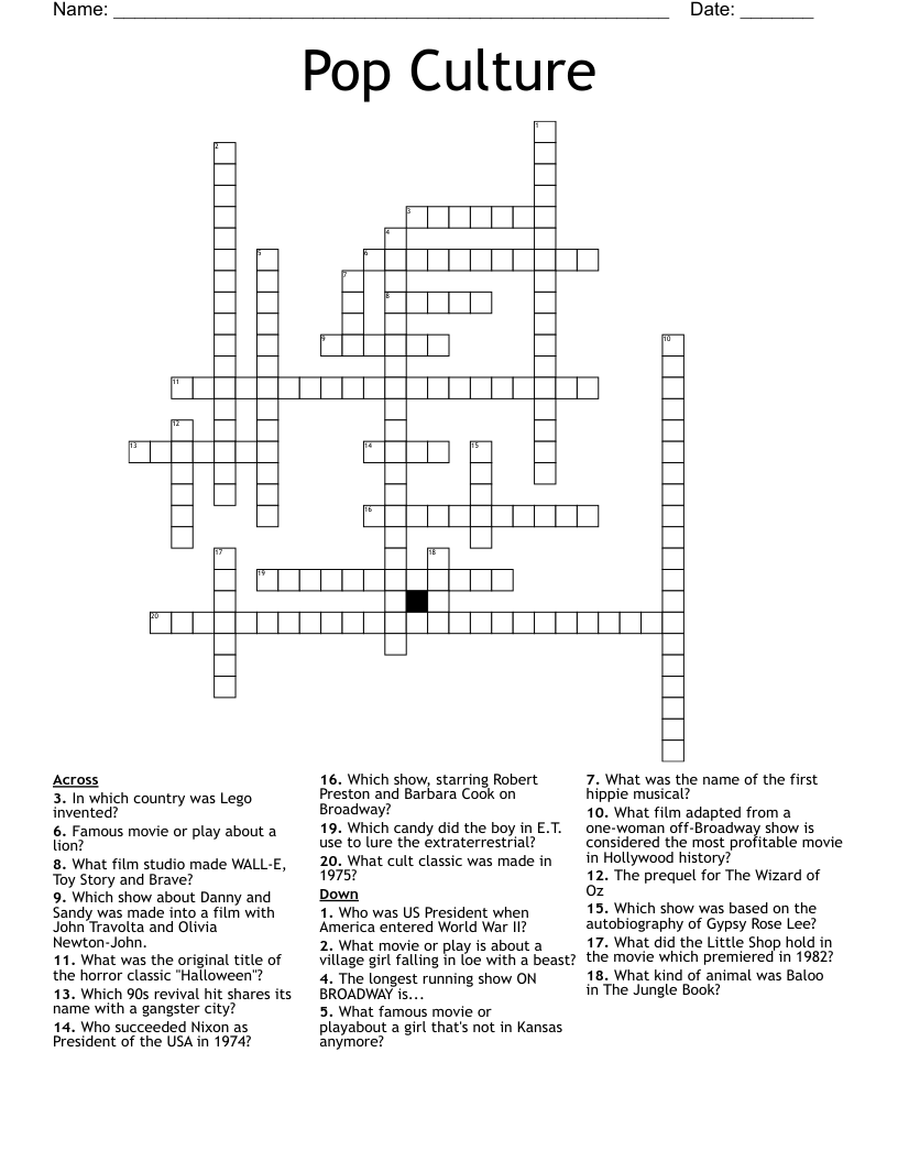 Pop Culture Crossword WordMint Pop Culture Crossword WordMint