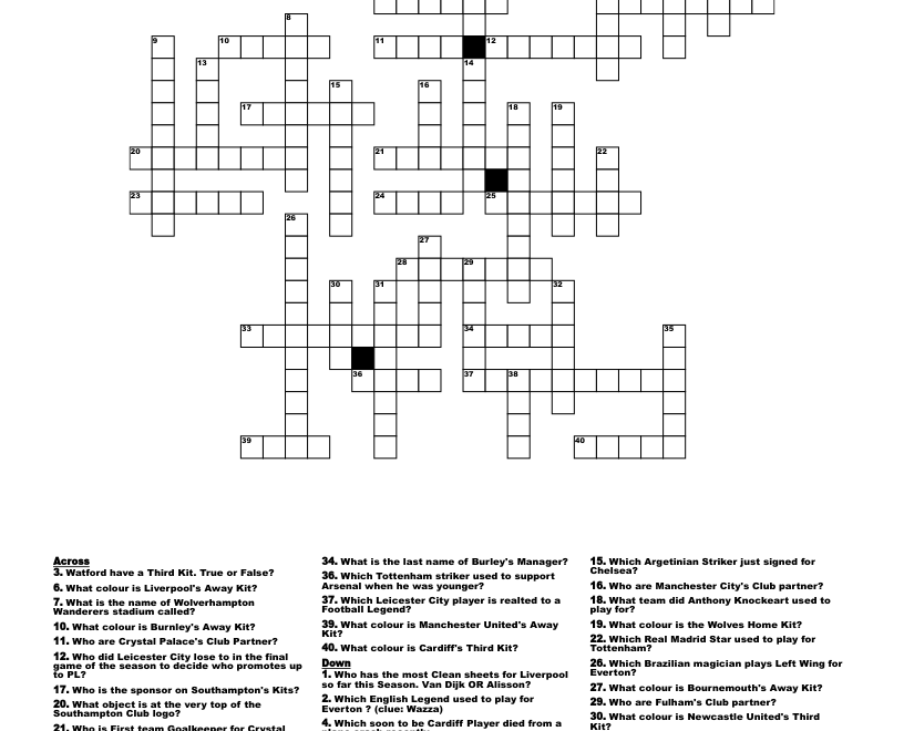 Premier League Football Crossword WordMint