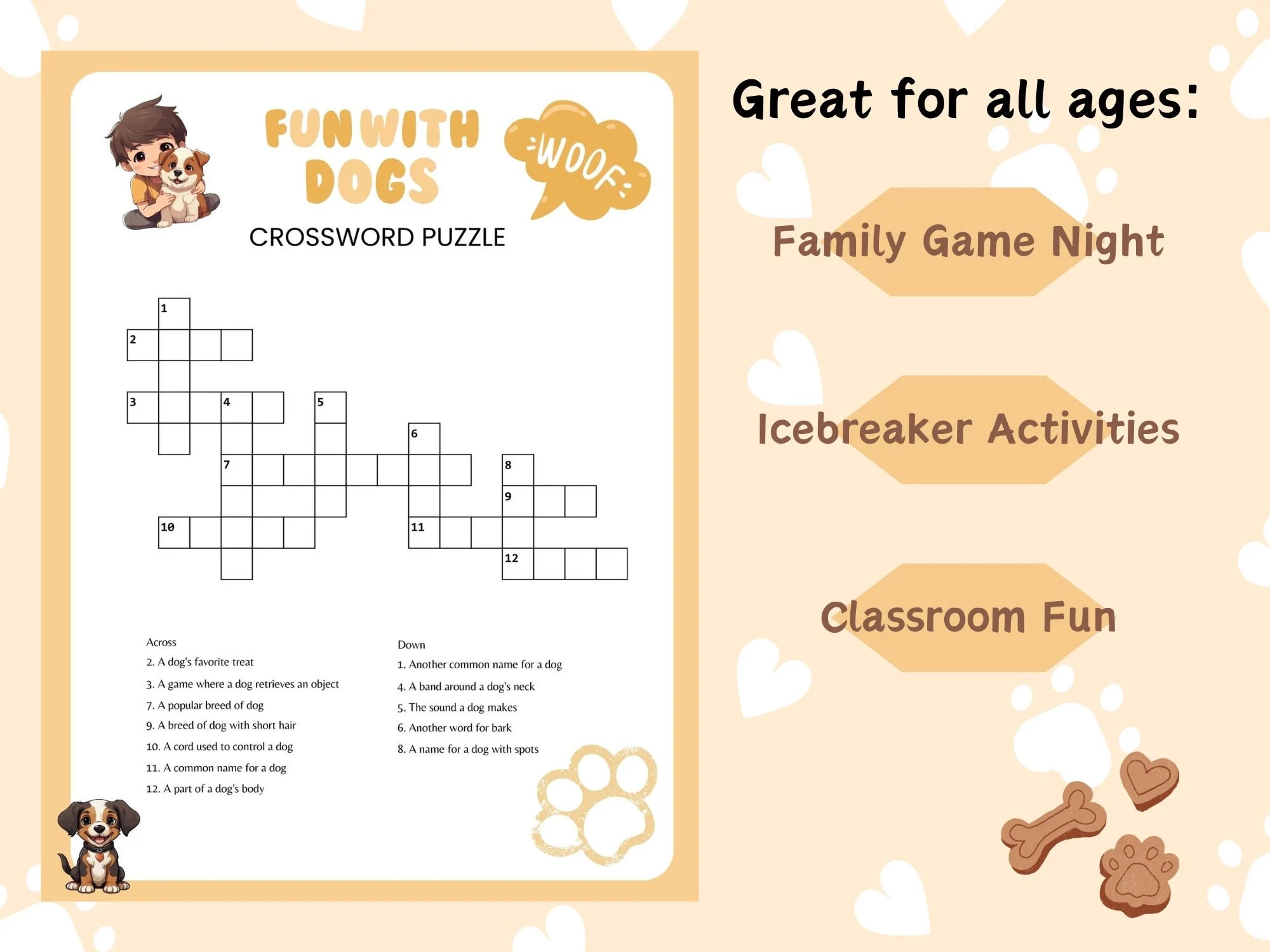 Printable Dog themed Crossword Puzzle Canine Brain Teaser W answers Family Friendly Game Kids And Adult Wordplay Fun PDF File Digital Etsy