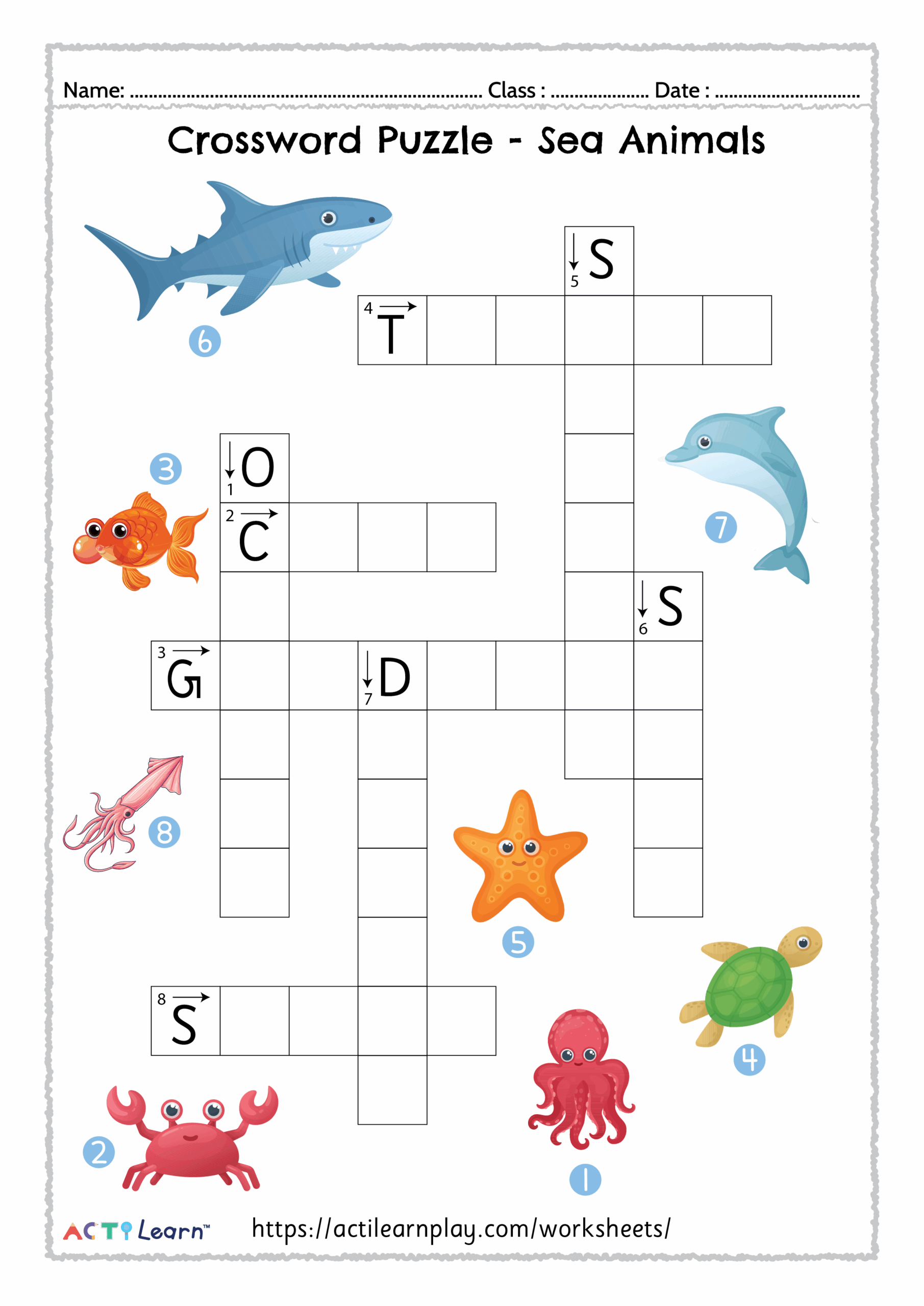Printable Sea Animals Crossword Puzzle Marine Activity Printable Sea Animals Crossword Puzzle Marine Activity