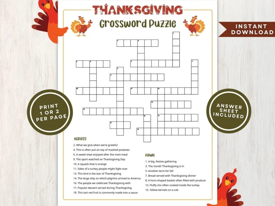 Printable Thanksgiving Crossword Puzzle For Kids And Adults Crossword Game For Thanksgiving Gatherings And Classrooms Instant Download Etsy