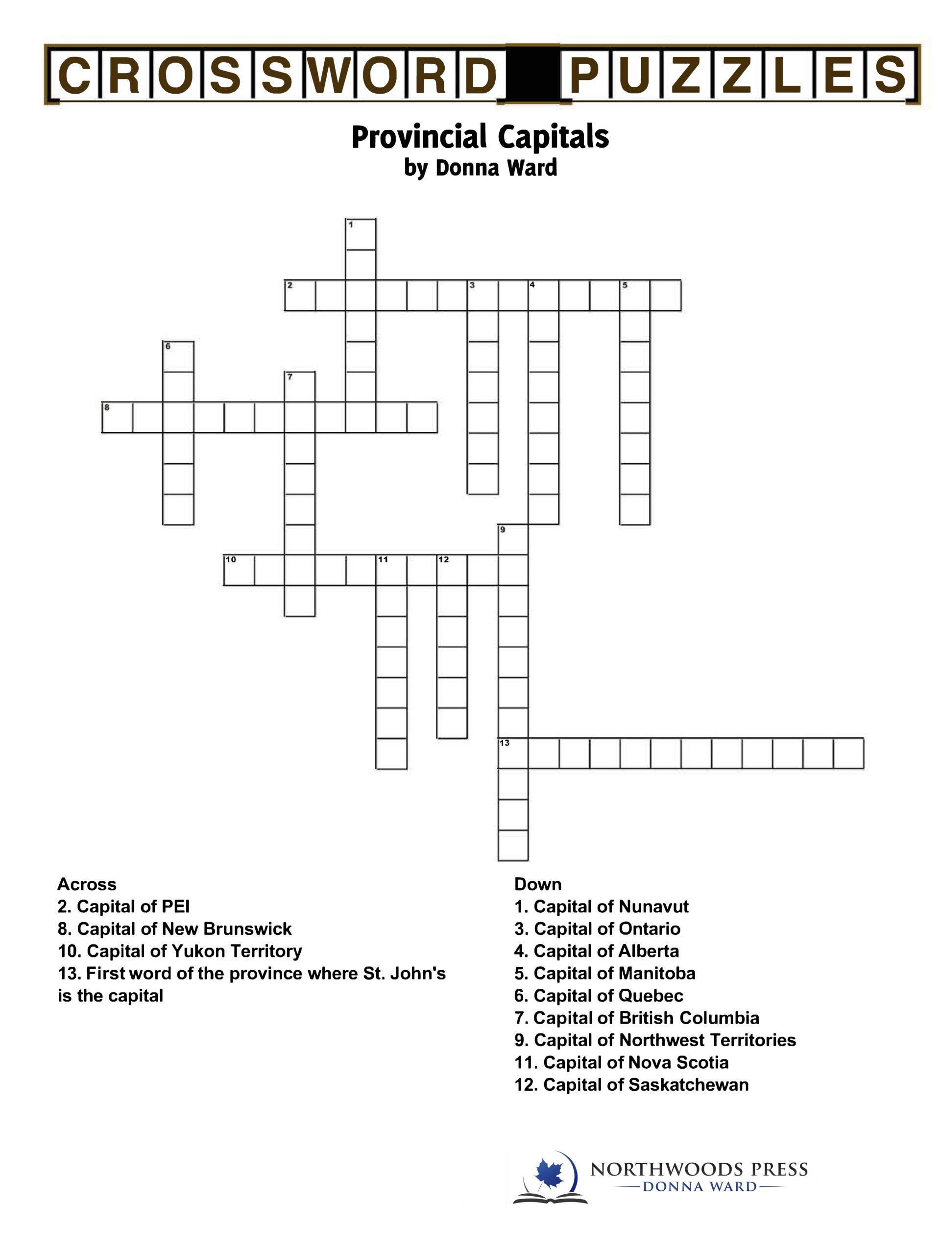 Provincial Capitals Crossword Printable Northwood Press Provincial Capitals Crossword Printable Northwood Press