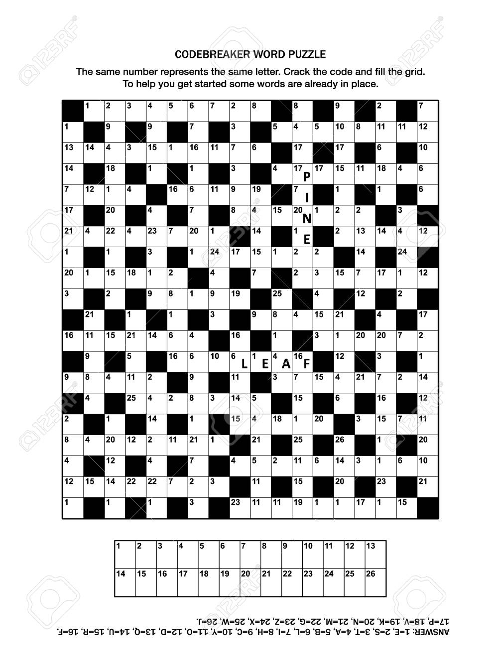 Puzzle Page With Codebreaker codeword Code Cracker Word Game Or Crossword Puzzle For Grown ups General Knowledge Some Words Already In Place Medium Level Answer Included Royalty Free SVG Cliparts Vectors And Stock