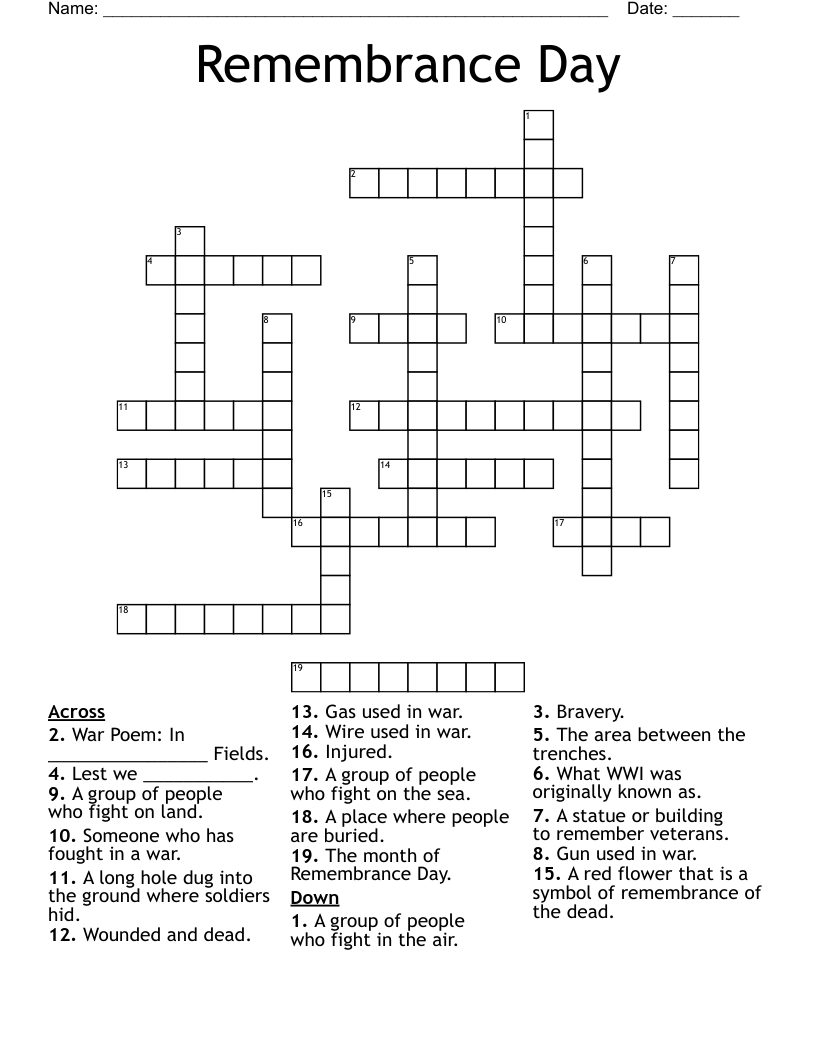 Remembrance Day Crossword WordMint Remembrance Day Crossword WordMint