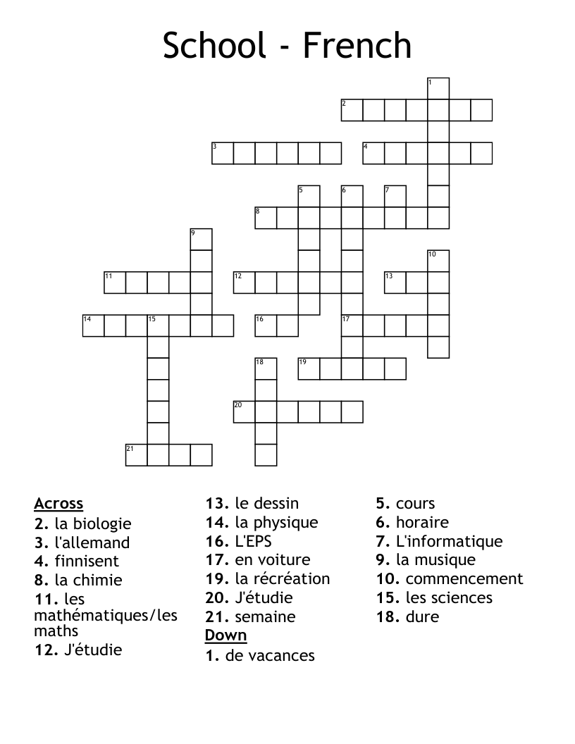 Crossword Puzzles In French Printable