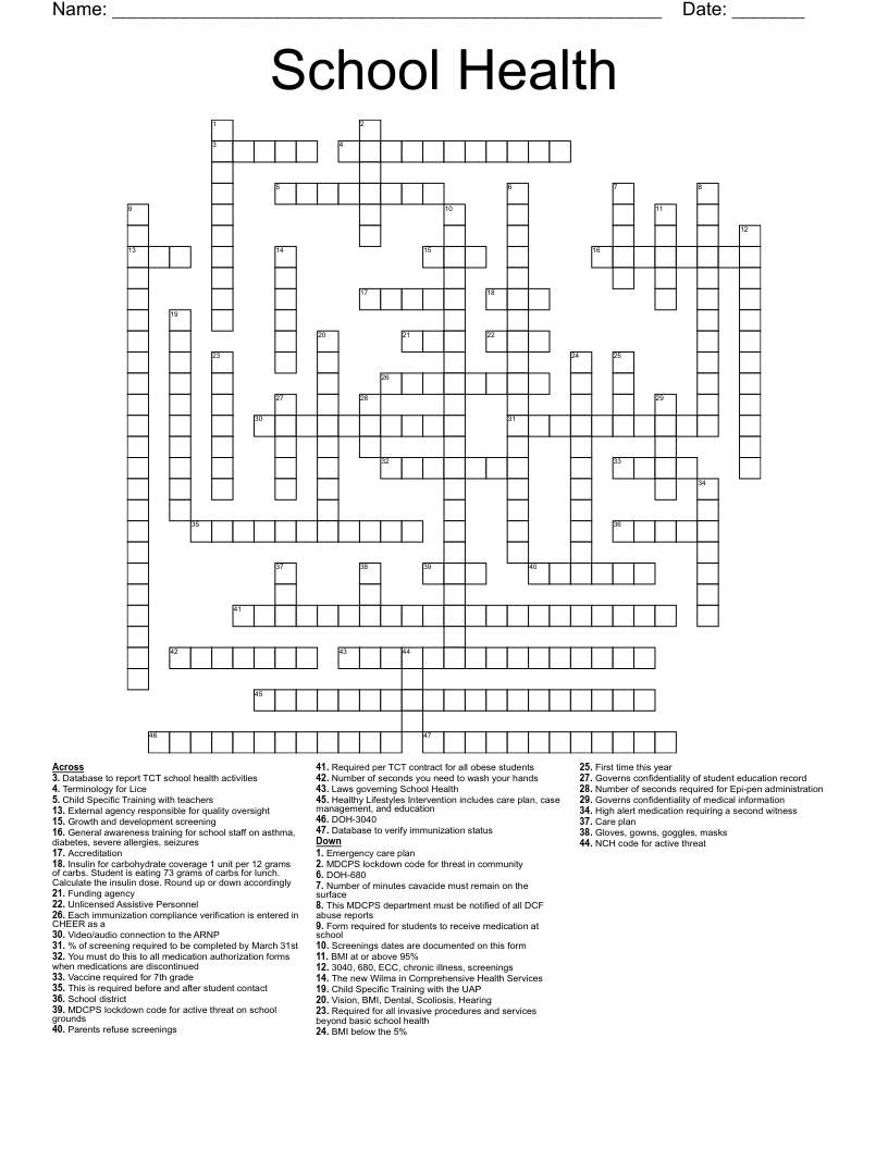 School Health Crossword WordMint
