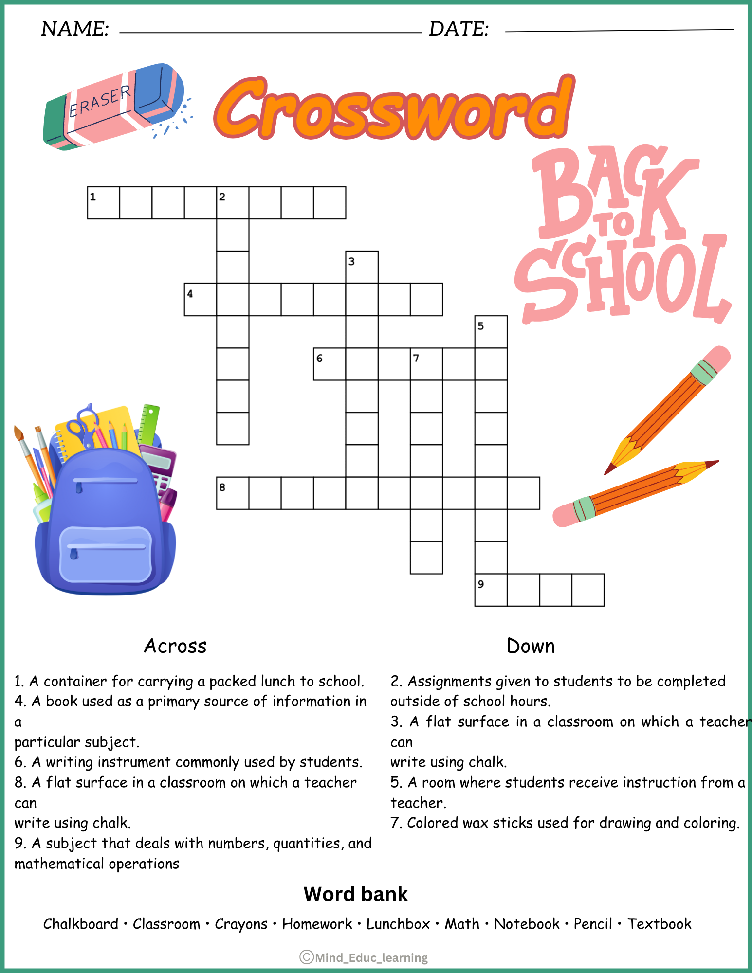 School Vocabulary Crossword Puzzle Worksheet Activity Made By Teachers School Vocabulary Crossword Puzzle Worksheet Activity Made By Teachers