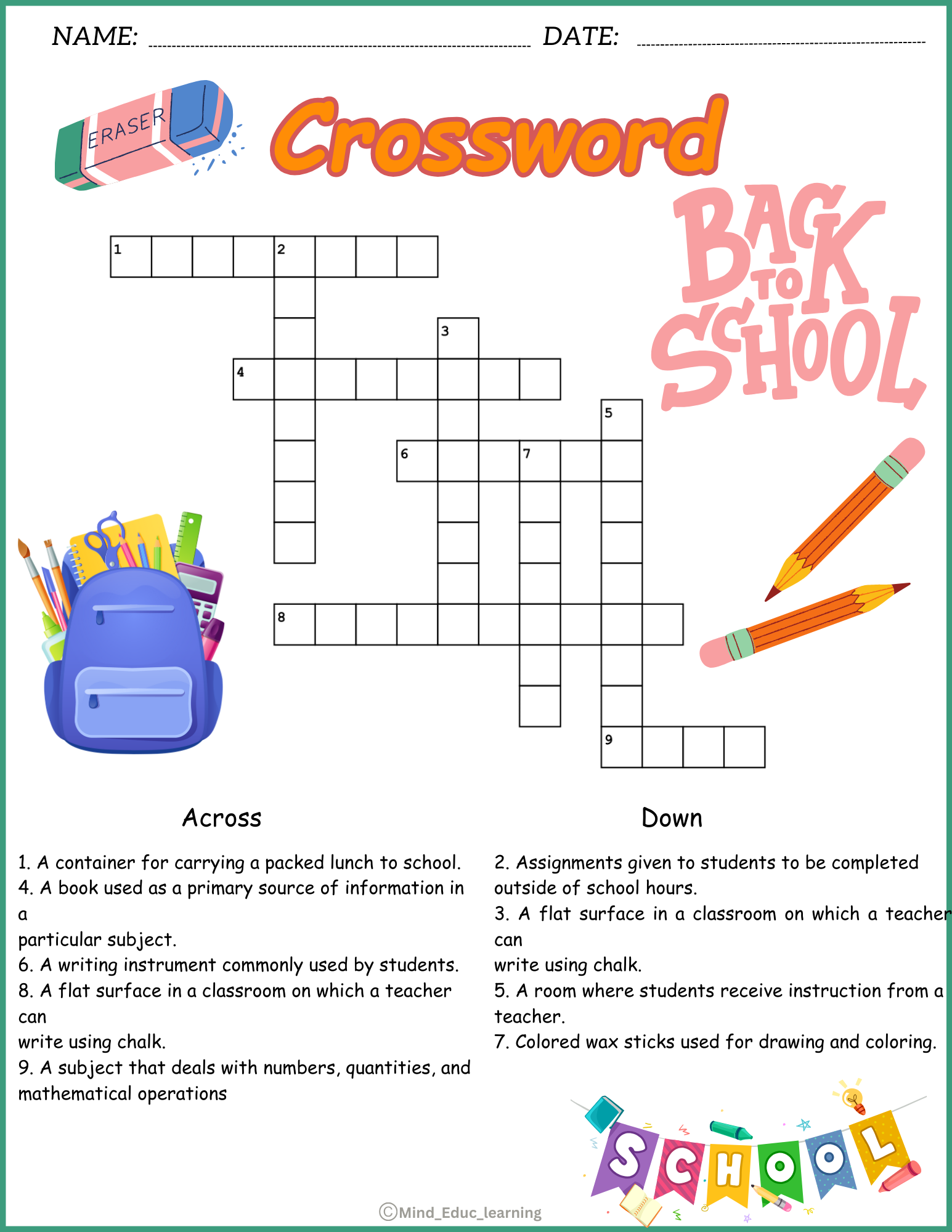 School Vocabulary Crossword Puzzle Worksheet Activity Made By Teachers School Vocabulary Crossword Puzzle Worksheet Activity Made By Teachers