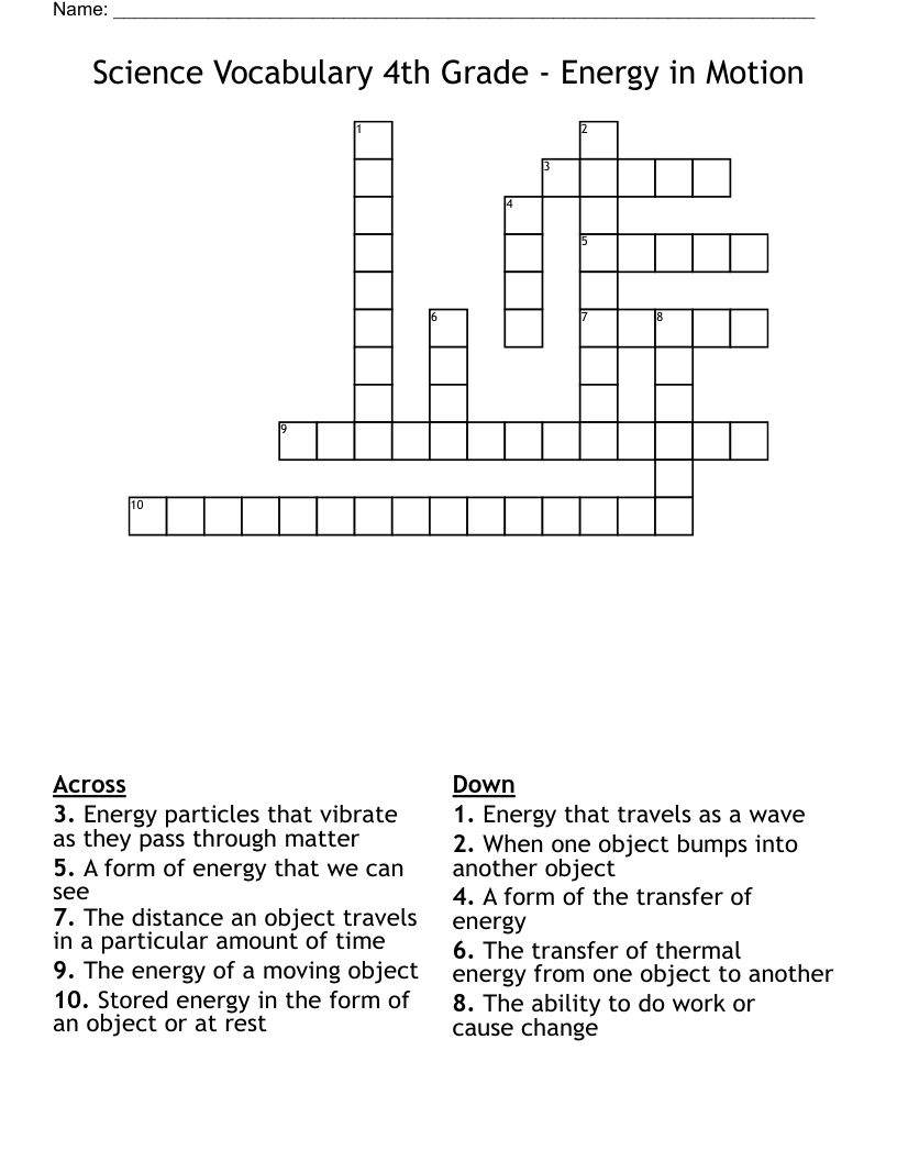Science Vocabulary 4th Grade Energy In Motion Crossword WordMint Science Vocabulary 4th Grade Energy In Motion Crossword WordMint
