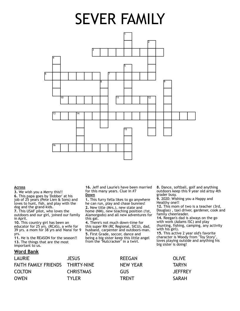 SEVER FAMILY Crossword WordMint SEVER FAMILY Crossword WordMint