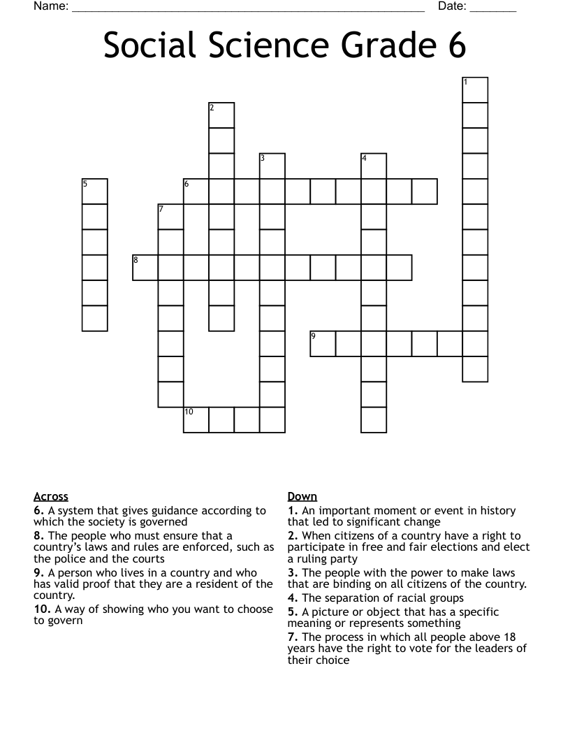 Social Science Grade 6 Crossword WordMint