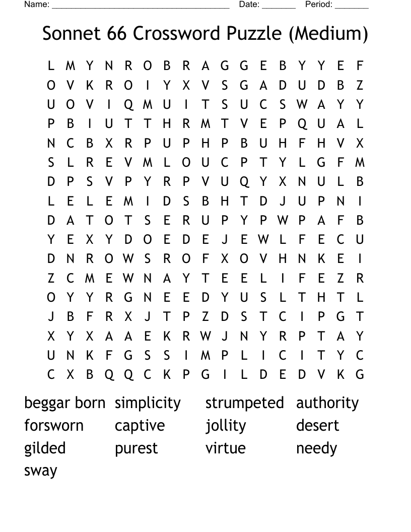 Sonnet 66 Crossword Puzzle Medium Word Search WordMint Sonnet 66 Crossword Puzzle Medium Word Search WordMint