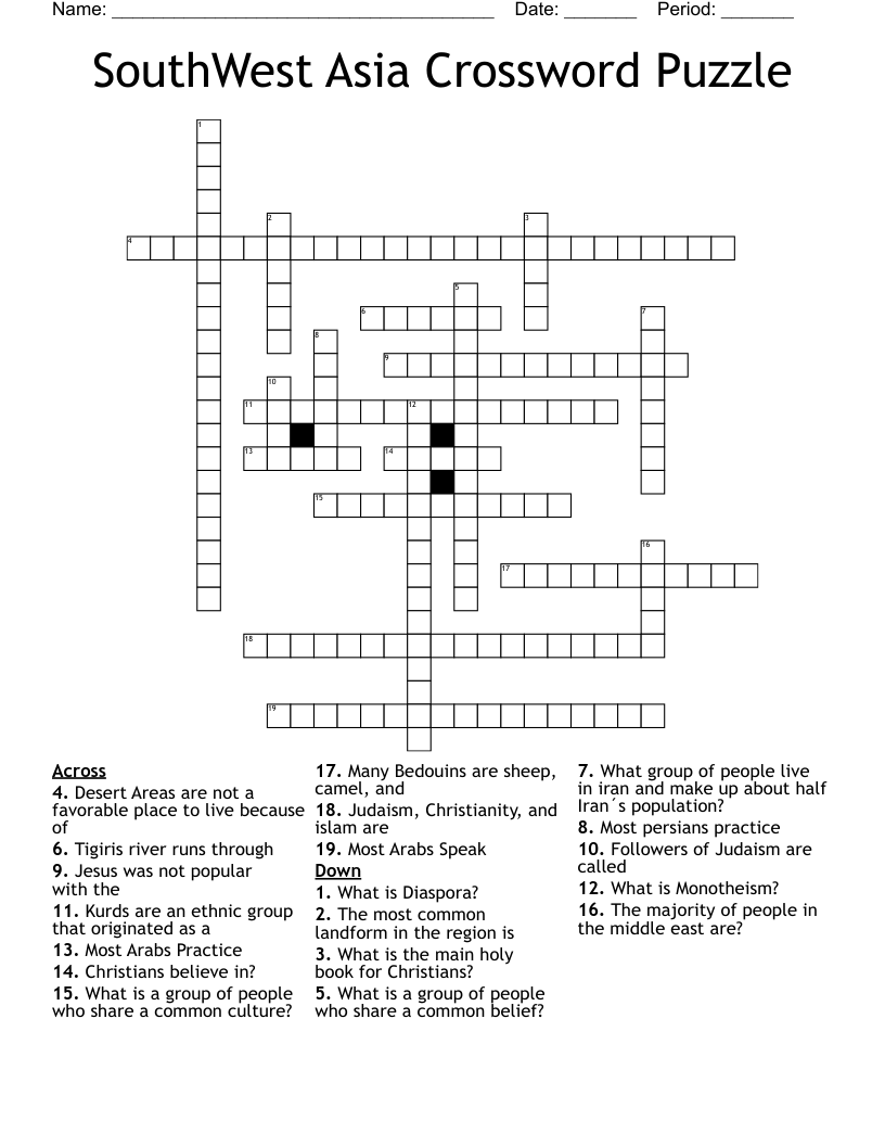 SouthWest Asia Crossword Puzzle WordMint SouthWest Asia Crossword Puzzle WordMint