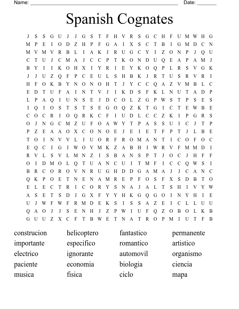 Spanish Cognates Word Search WordMint
