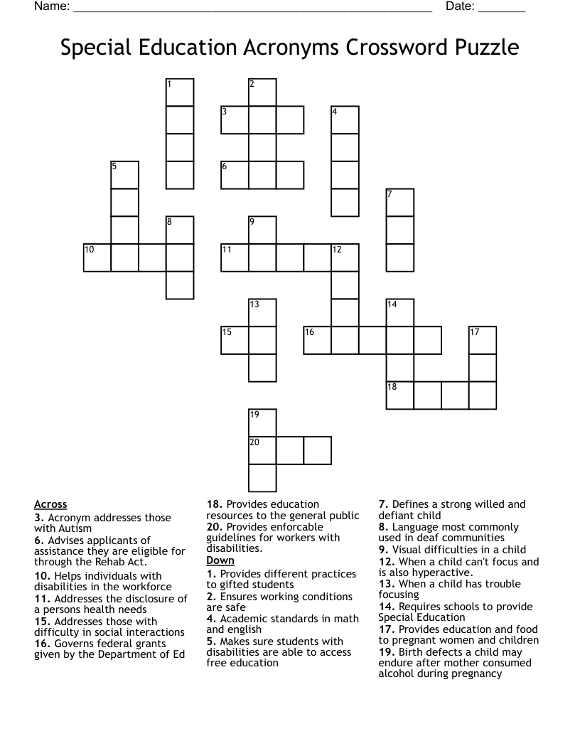Special Education Acronyms Crossword Puzzle WordMint