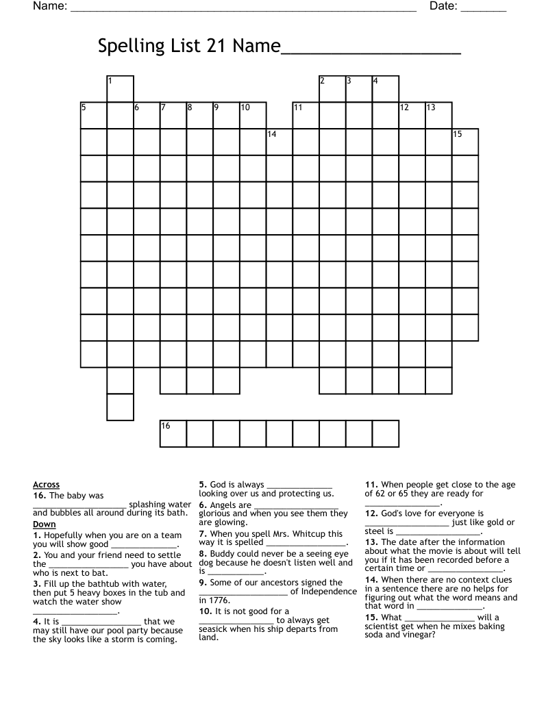 Spelling List 21 Name Crossword WordMint Spelling List 21 Name Crossword WordMint