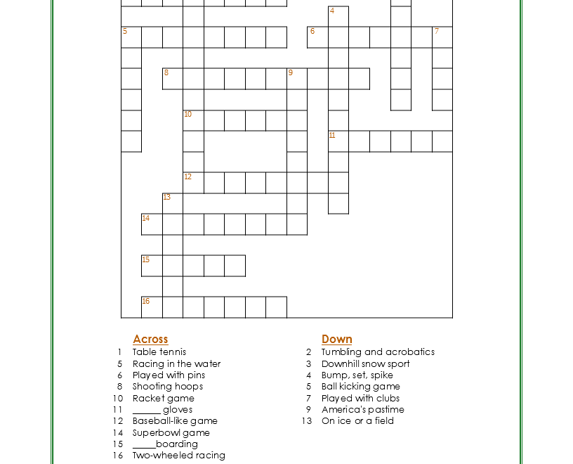 Sports Crossword Puzzle Intermediate My Printable Puzzles