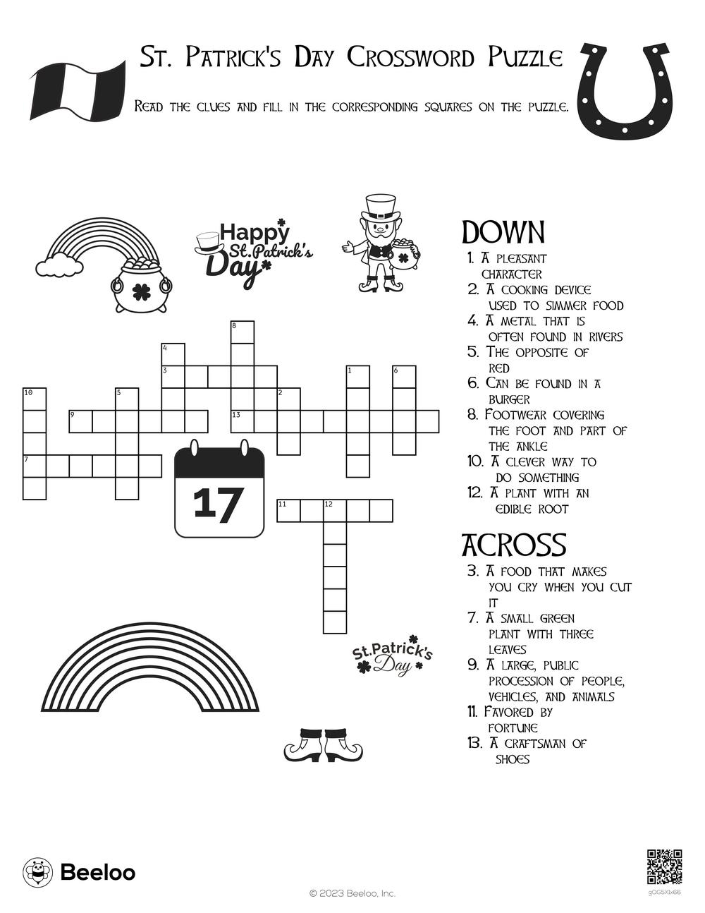 St Patrick s Day Crossword Puzzle Beeloo Printable Crafts And Activities For Kids