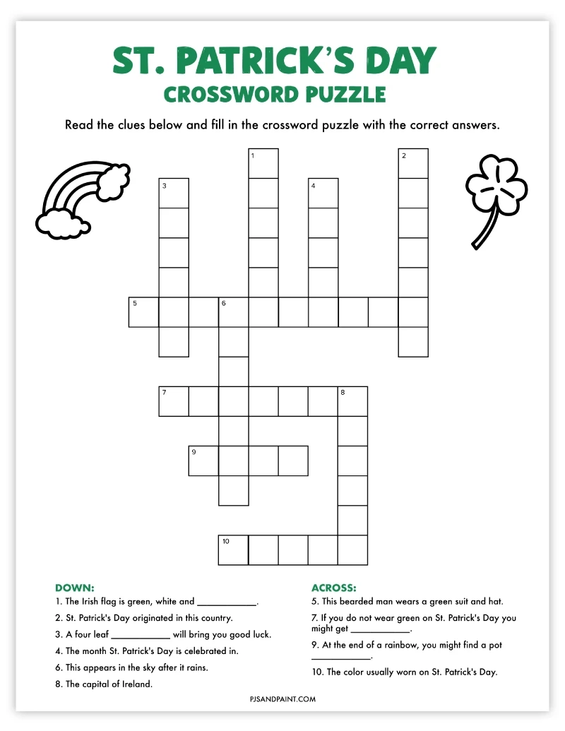 St Patrick s Day Crossword Puzzle Free Printable Game Pjs And Paint St Patrick s Day Crossword Puzzle Free Printable Game Pjs And Paint