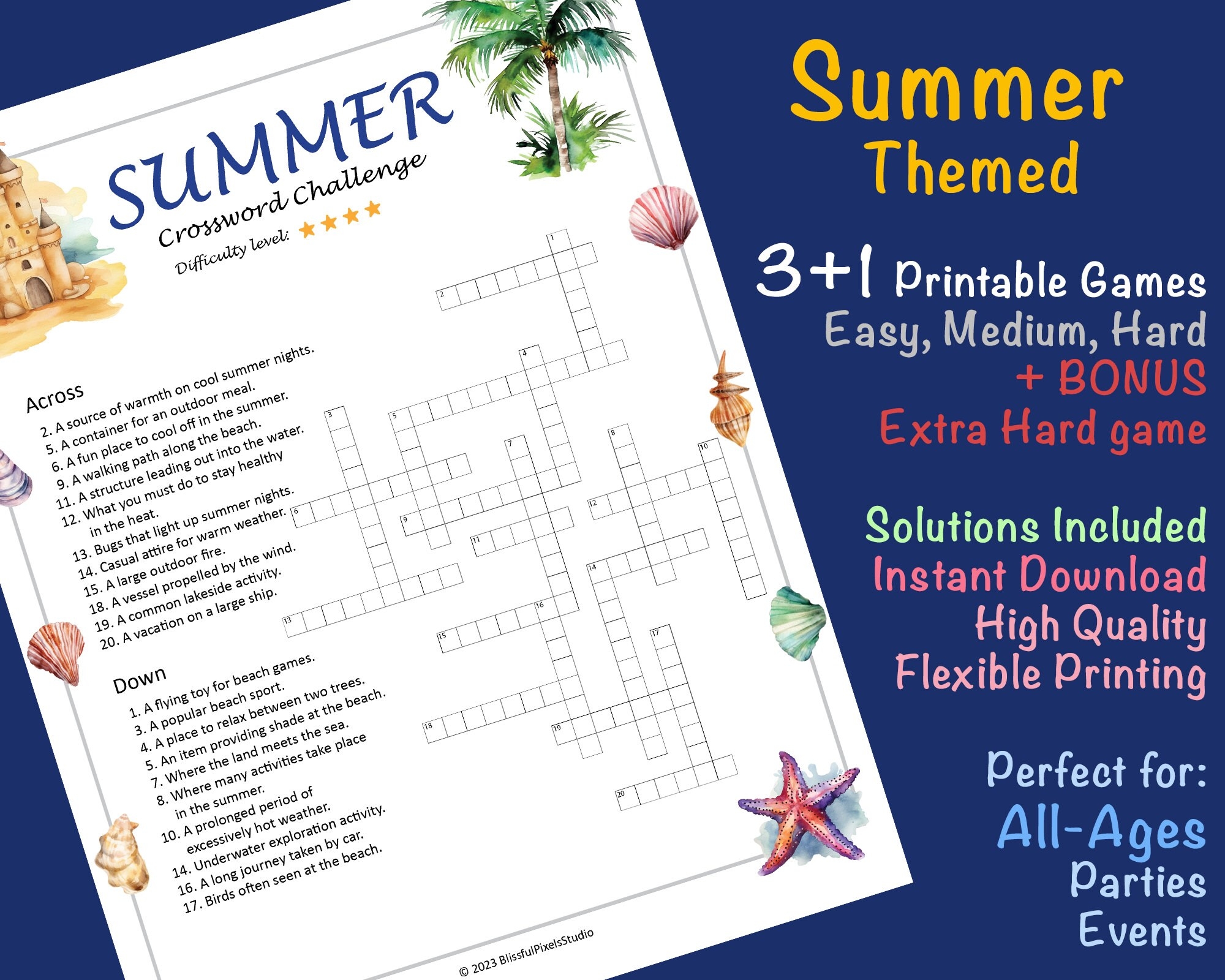 Summer Crossword Puzzle Pack 4 Printable Games Easy Medium Hard Super Hard Etsy