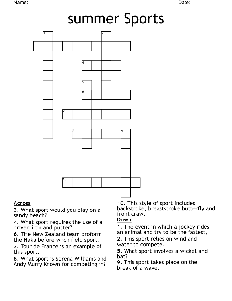 Summer Sports Crossword WordMint