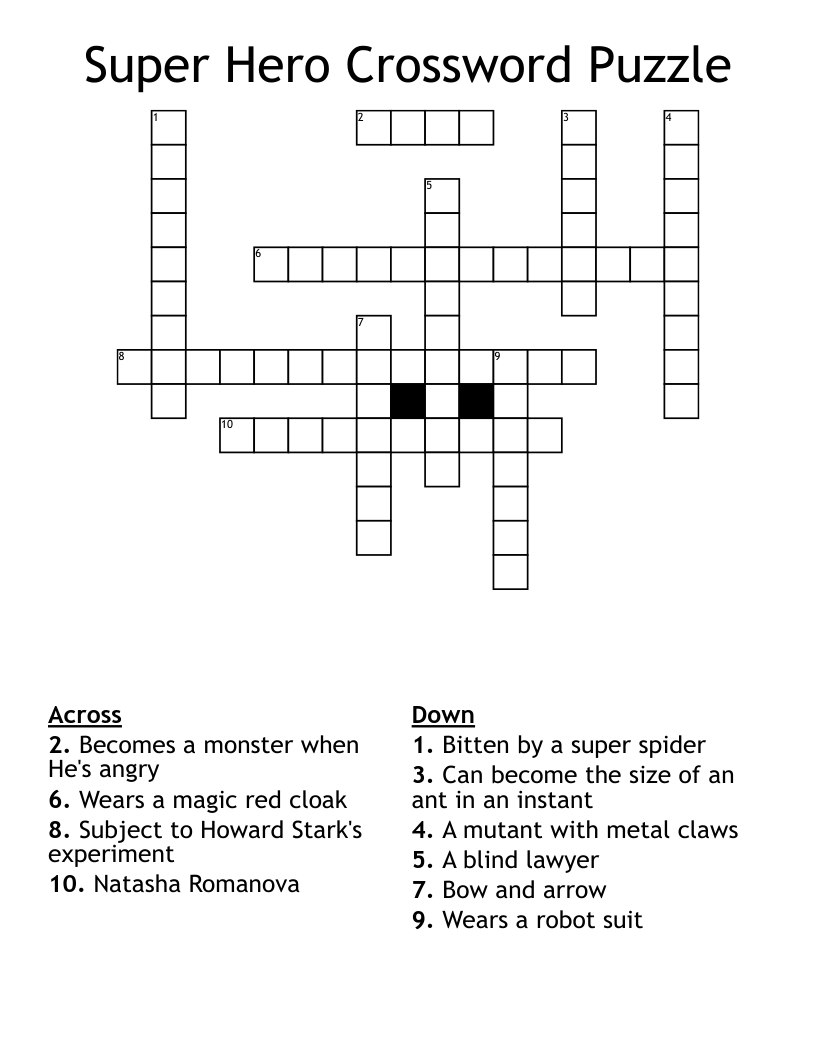 Super Hero Crossword Puzzle WordMint