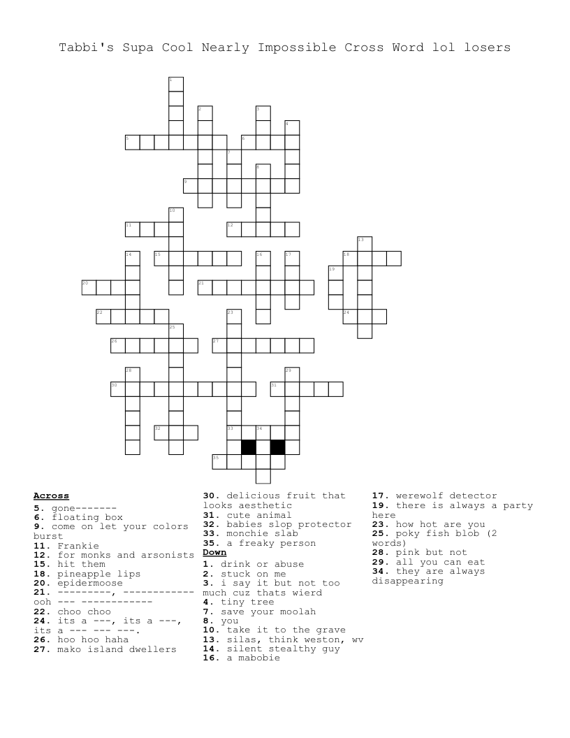 Tabbi s Supa Cool Nearly Impossible Cross Word Lol Losers WordMint Tabbi s Supa Cool Nearly Impossible Cross Word Lol Losers WordMint