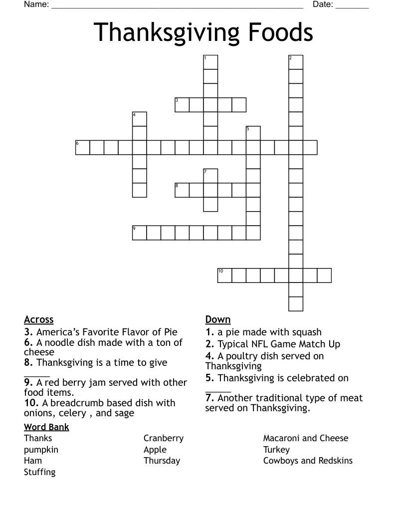 Thanksgiving Foods Crossword WordMint Thanksgiving Foods Crossword WordMint